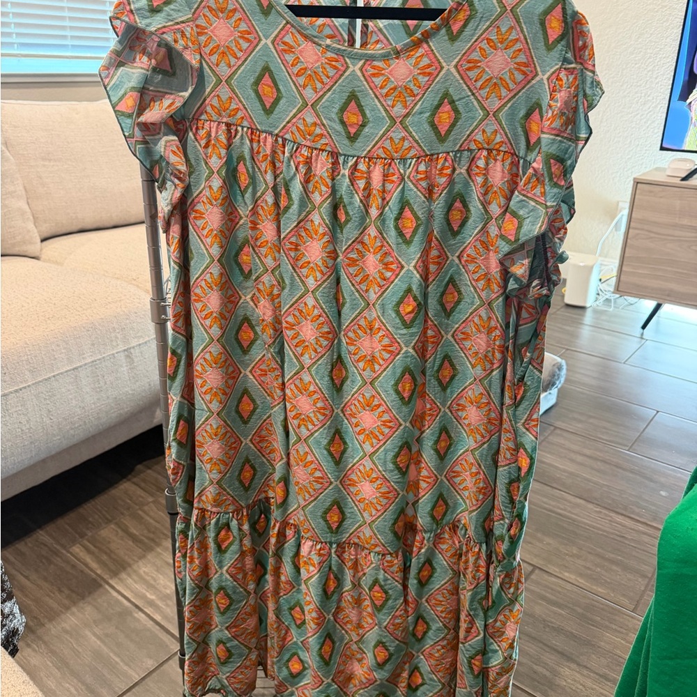 Boutique Green and Orange Patterned Tiered Dress